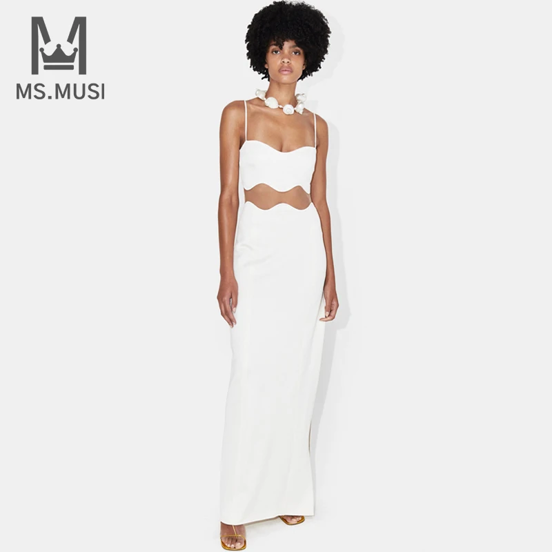 

MSMUSI 2023 New Fashion Women Sexy Strap Lace Mesh Hollow Out Bandage Sleeveless Backless Bodycon Party Club Maxi Dress Gown