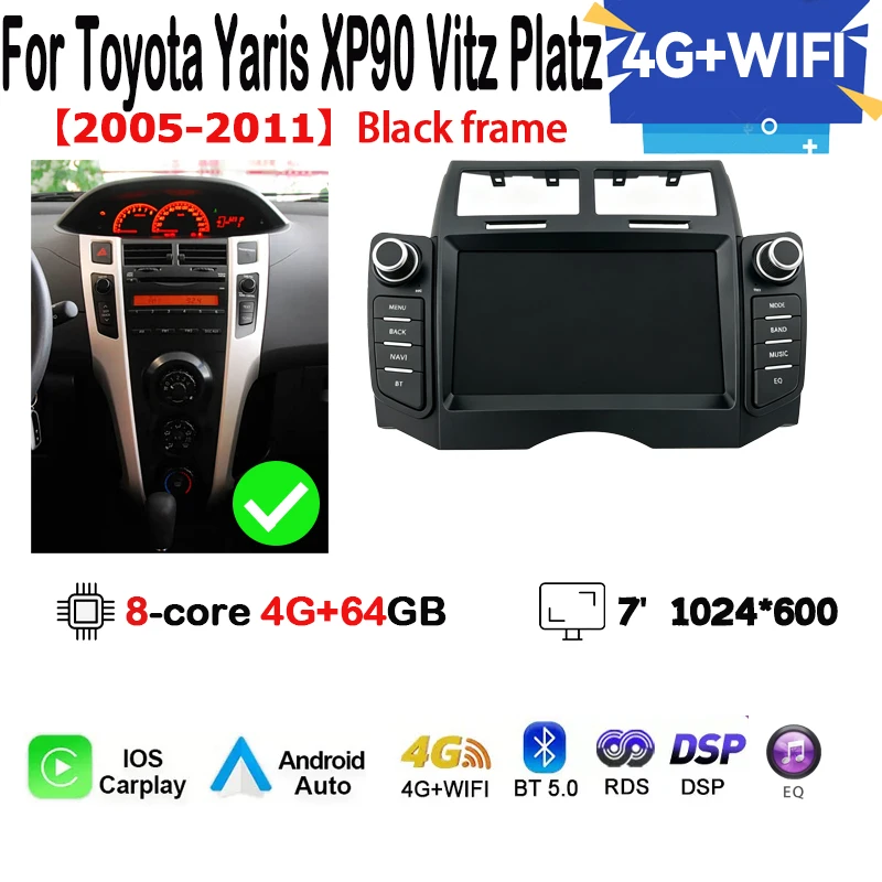 Android 14 autoradio voor TOYOTA YARIS 2005 - 2011, touchscreen multimediaspeler met Carplay, WiFi en GPS-navigatie