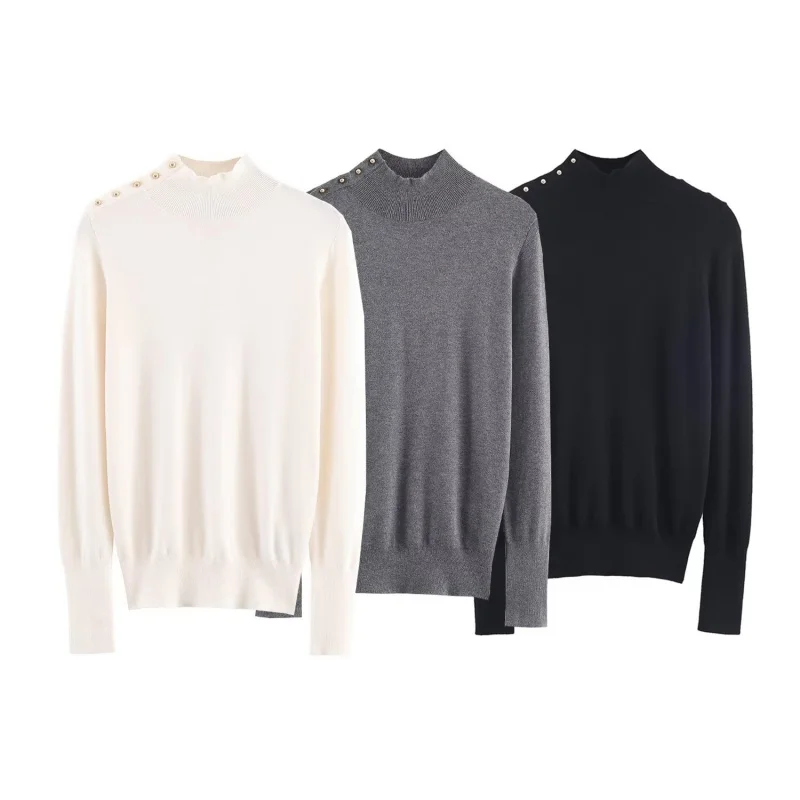 

Autumn High-neck Long Sleeve Shoulder Buttons Decoration Knitted Tops Women Solid Color Pullover Sweater Female Casual Chic Wear