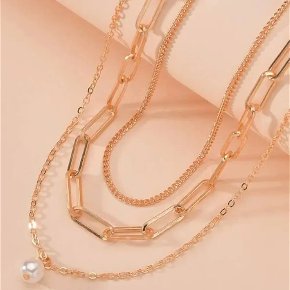 Boho Vintage Fashion Choker Punk Gold-plate Chain Multi-layered Artificial Pearl Pendant Necklace For Women Collar Jewelry Gift