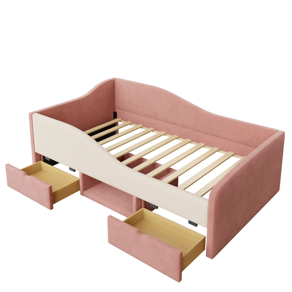 90*190cm moderne gestoffeerde slaapbank, multifunctioneel bed, met twee lades en hekken, huidvriendelijke fluwelen stof, geen matras