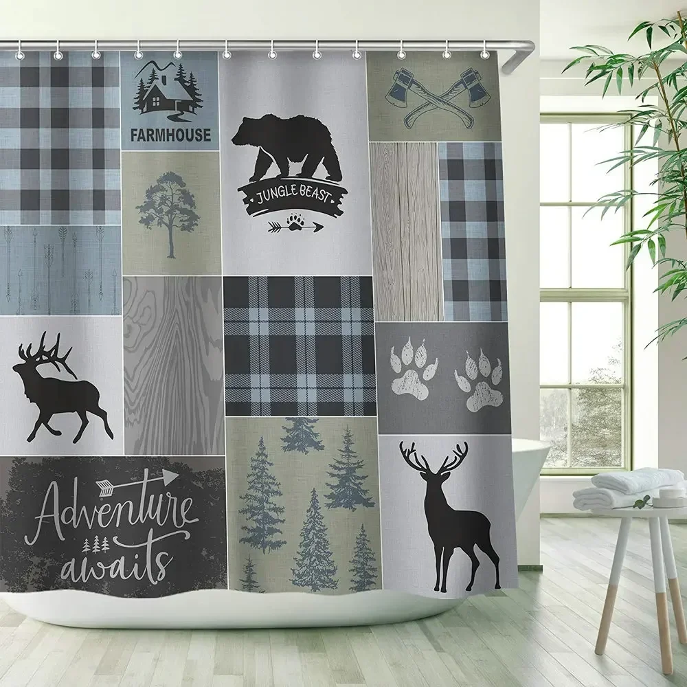 Retro Rustic Cabin Shower Curtain Bear Deer Farmhouse Country Lodge Cowboy Grid Claw Wildlife Adventure Bathroom Decor Screen