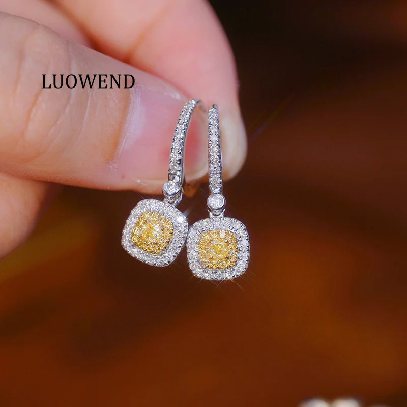 LUOWEND 100% 18K White Gold Earrings Women Real Natural Yellow Diamond Hoop Earrings Elegant Square Shape High Party Jewelry