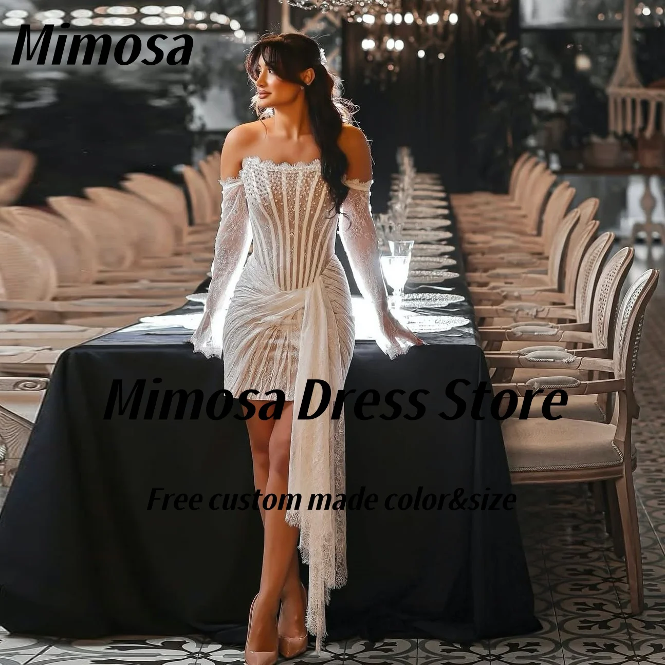 

Платья для выпускного вечера Mimosa без бретелек с длинными рукавами из бисера, специальные вечерние платья, кружевное мини-свадебное платье с рюшами по индивидуальному заказу