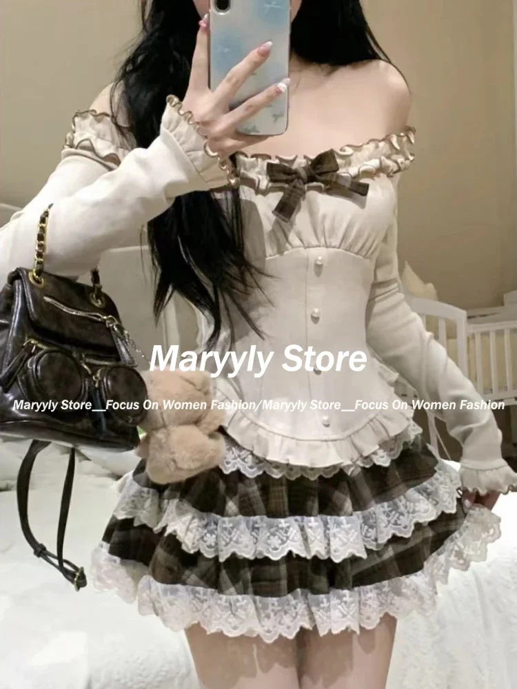 2024 Autumn New Sweet Lolita Outifits Women Elegant Bow Slim Y2k Crop Tops + Cute Plaid Lace Mini Cake Skirt 2-częściowy zestaw dla kobiet