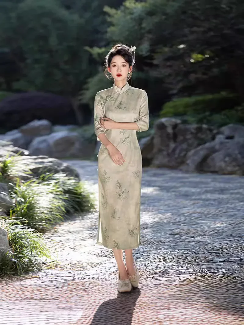 نمط طويل 2024 خريف جديد شيونغسام تحسين مزاجه المؤنث الرجعية اليومية أنيقة سبعة أرباع الأكمام فستان تشيباو #3