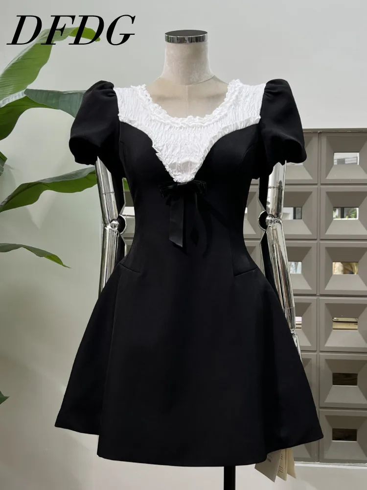 Dfdg feminino preto retalhos puff manga curta smocked cintura vestido elegante designer premium cocktail festa primavera verão 2025