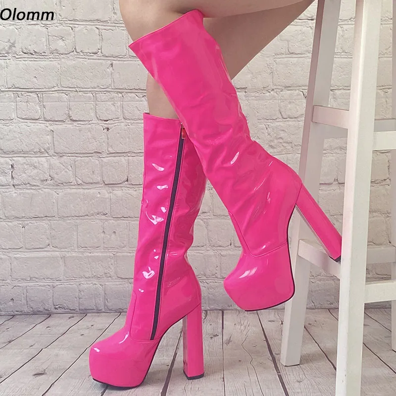 Olomm Hot Women Winter Knee Boots Full Zipper Chunky Heels Round Toe Pretty Fuchsia Prom Shoes Ladies Plus US Size 4-15