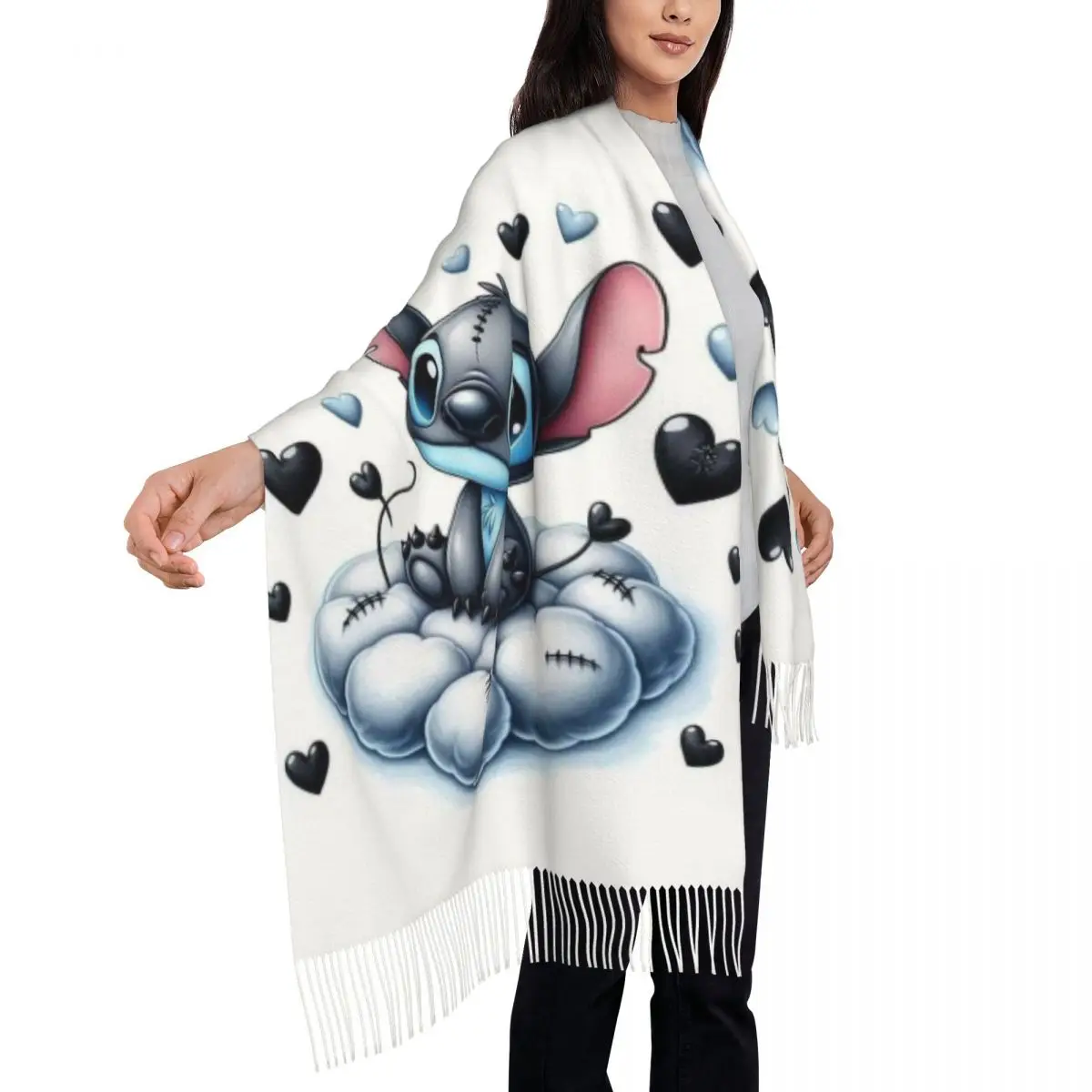 Custom SLilo And Stitch Cartoon Tassel Scarf Women Winter Fall Warm Shawl Wrap Lady Anime Scarves