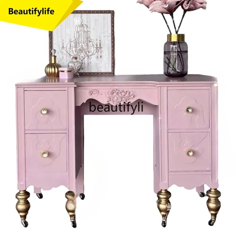 

K185 French Retro Solid Wood Carved Entrance Cabinet Living Room Wall Decoration Storage Cabinet Pink