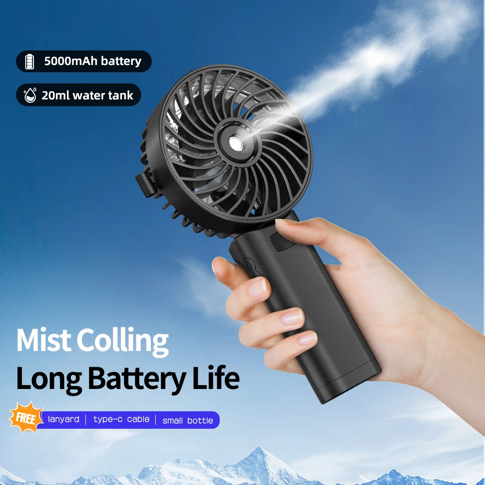 

AMORMIYA Handheld Rechargeable 5inch Spray Fan 180°Foldable Handle Humidifier Mini Neck Fan for Home Room Outdoor Travel 5000mAh