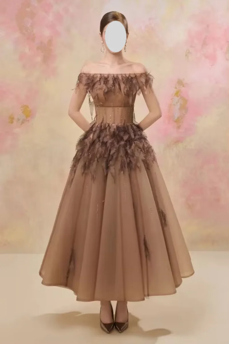 Adore Off The Shoulder A Line Feather Sharon Saudi Customized Luxurious For Women Evening Dresses Ankle Length Gown Prom Dresses