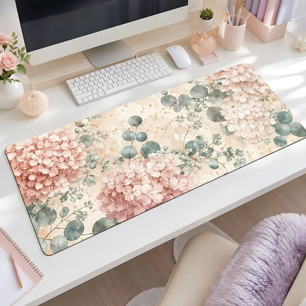 White and pink hydrangea pattern mouse pad with eucalyptus leaf design. Non-slip. Suitable for Desktop decorative accessory