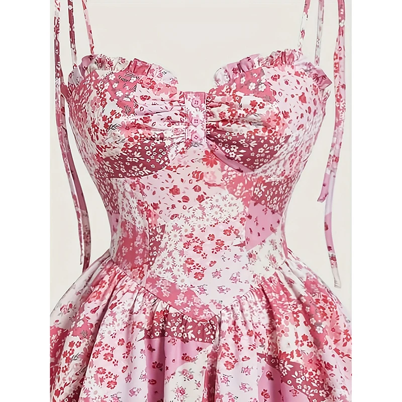 Women Spaghetti Floral Print Tiered Tie Slim Fit Short Dresses Summer Sleeveless Ruffle Smocked Mini Dress