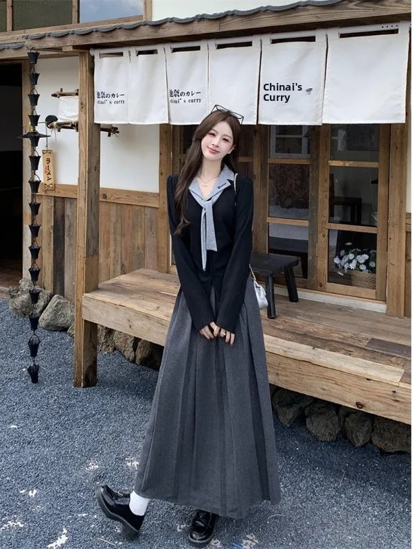 

Large Size Fat MM Anti-Aging Set Women's Fake Two-Piece Embroidered Loose Slimming College Style Pleated Skirt