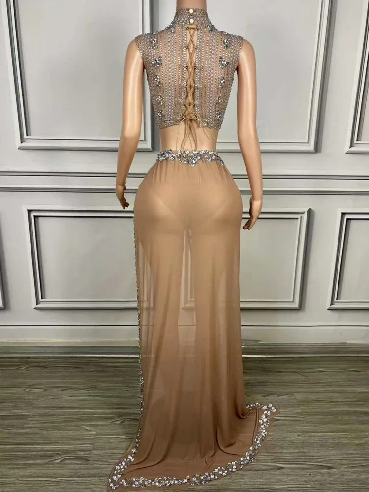 Luxury Crystals Women Long Two Piece Set Dress Sexy See Through Mesh Sleeveless Strap Evening Party Wear Club Stage Costume