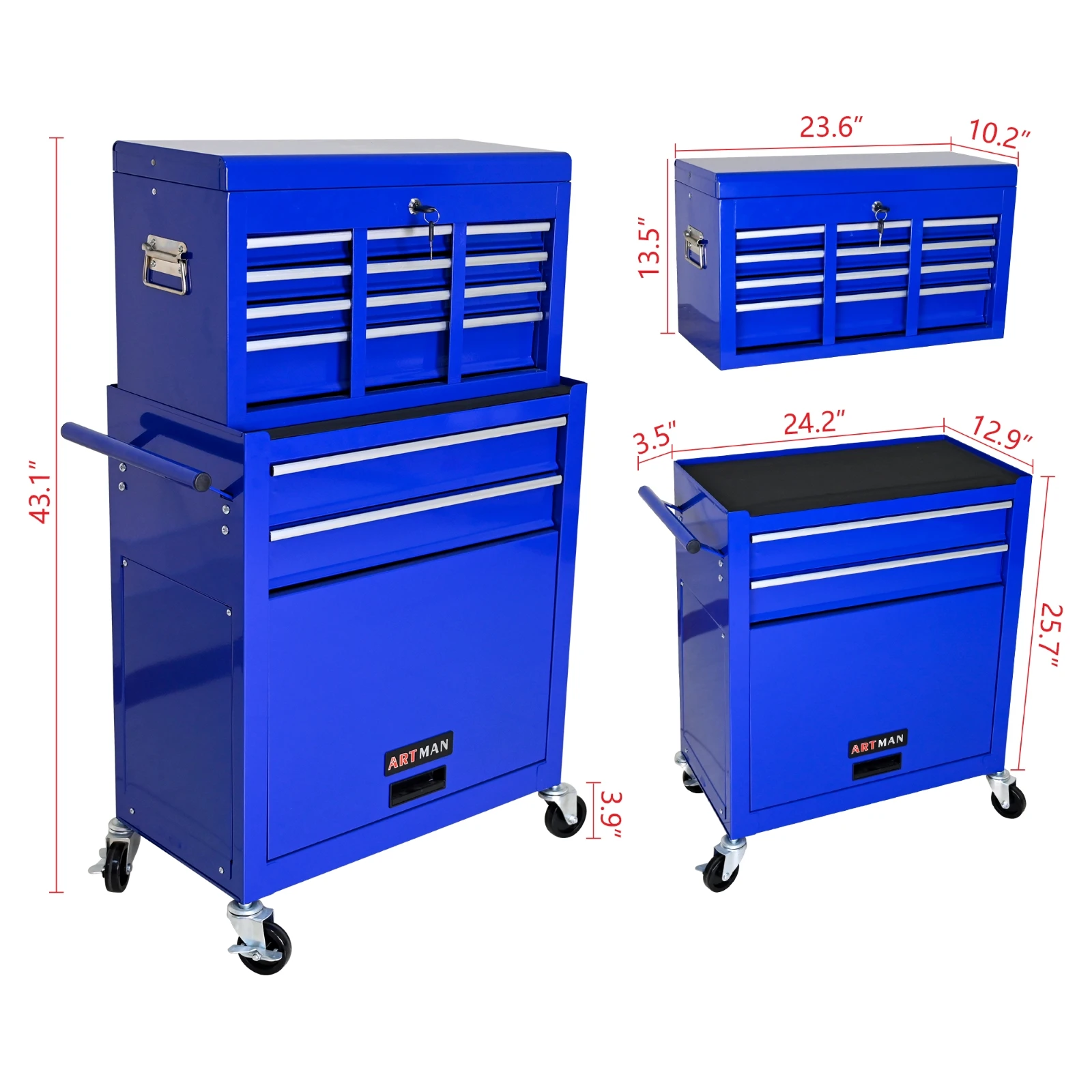 Tool Chest with 8 Drawers Tool Cart with 7 Organizer Tray Divider Set Large Rolling Tool Box Organizer for Garage Workshop,blue