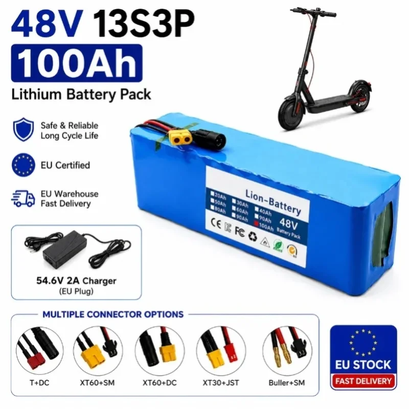 48V 100Ah 2000W 13S3P Li-Ionen-Akkupack für Elektroroller E-Bike 18650 Akku mit Smart BMS 54,6V Ladegerät EU-Lager Schnelle Lieferung