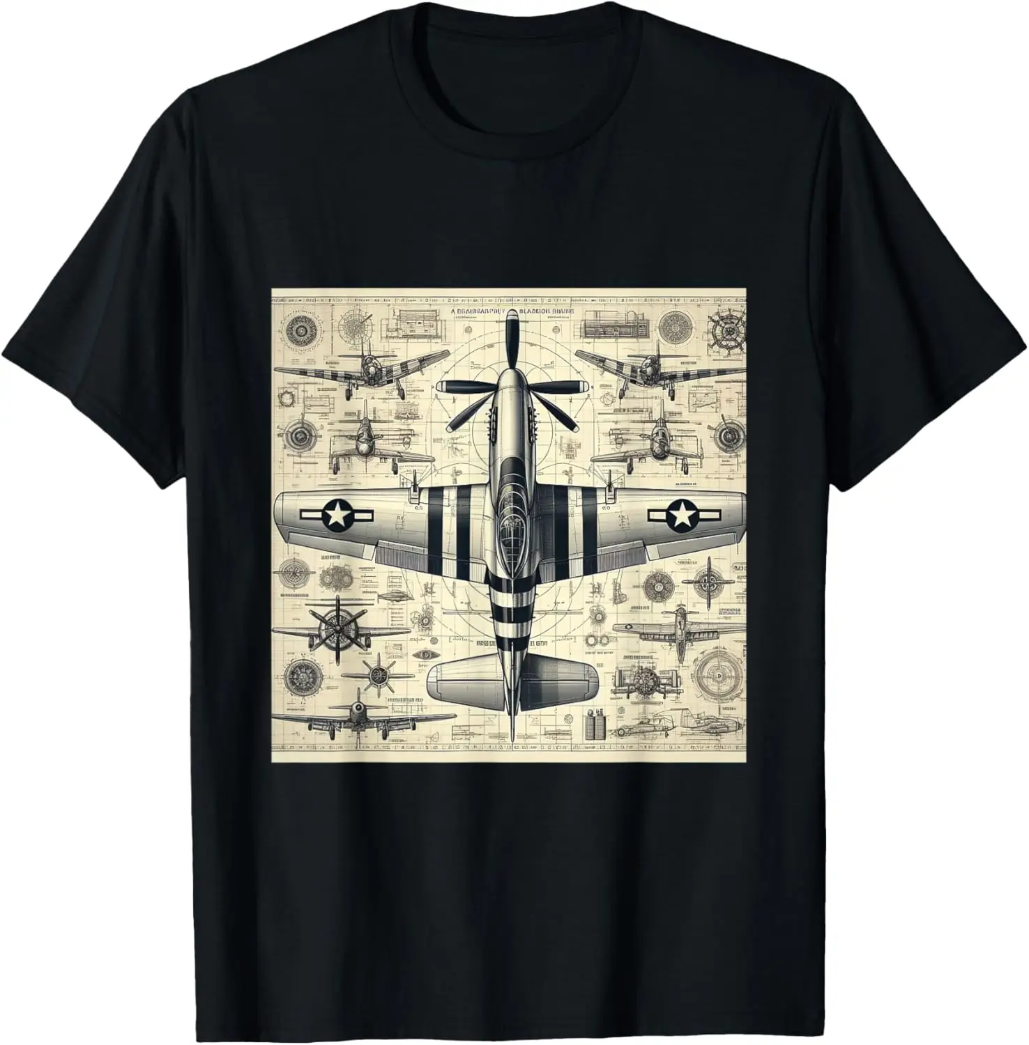 Vintage P51 Warplane Assembly Parts Blueprint T-Shirt Short Sleeve Casual 100% Cotton Shirt