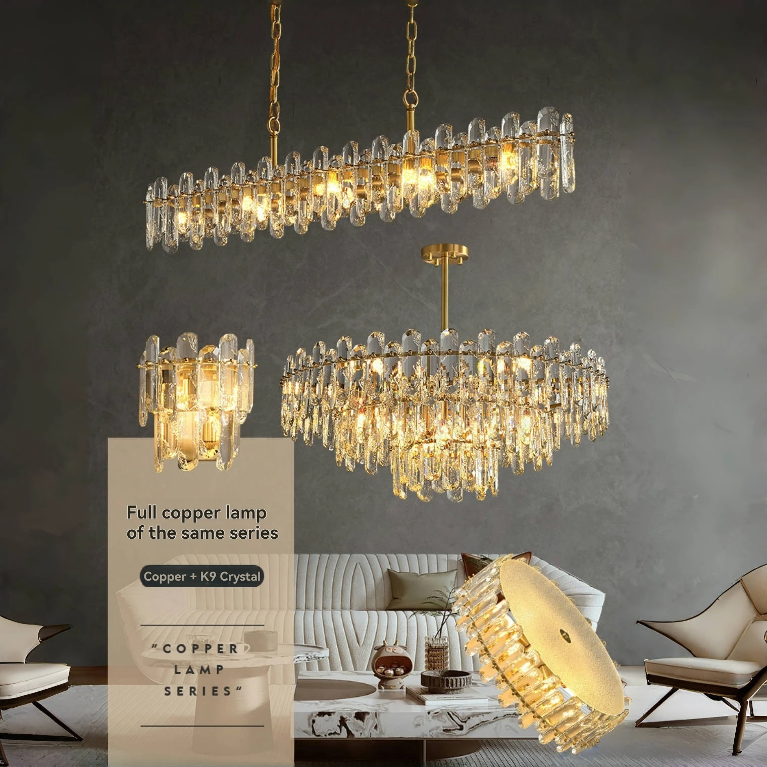 الطعام غرفة المعيشة فندق قاعة الفن الذهب ديكور أضواء الثريا الفاخرة كريستال ثريا تركب بالسقف مصباح معلق النحاس المستدير #1