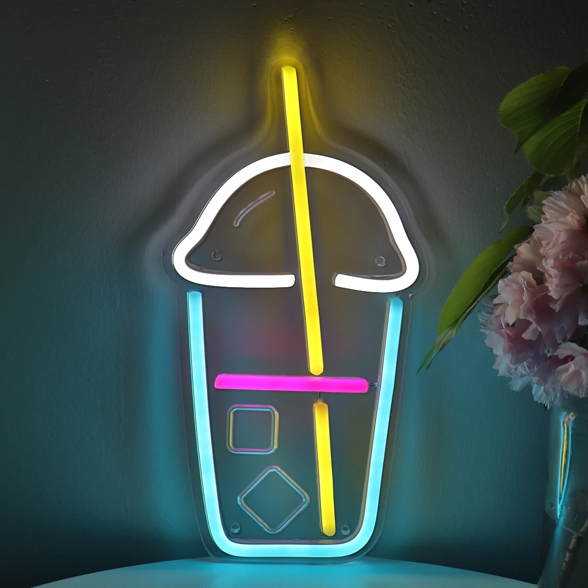 Bebida Copo Plástico Forma com Curva Cubos de Gelo LED Wall Neon Signfor Leite, Chá, Coffee Shop, Decoração da Parede, 5,91 \