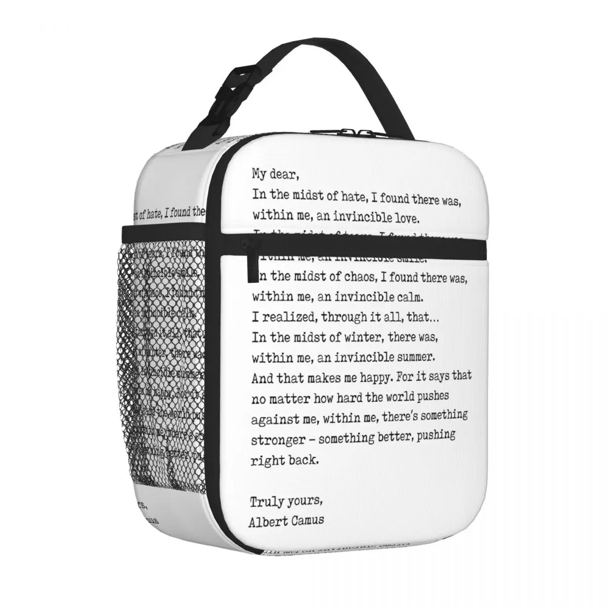 Bestselling Albert Camus Quote Invincible Summer Breathable Design Lunch Carrier Balanced Diet Pack Cooler Lunch Bag