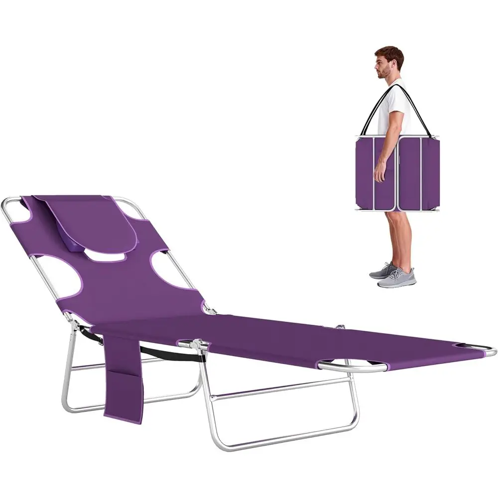 

Outdoor 5-Position Reclining Chaise Lounge Chair with Arm Hole, Portable Tanning Bed for Patio, Beach, and Pool