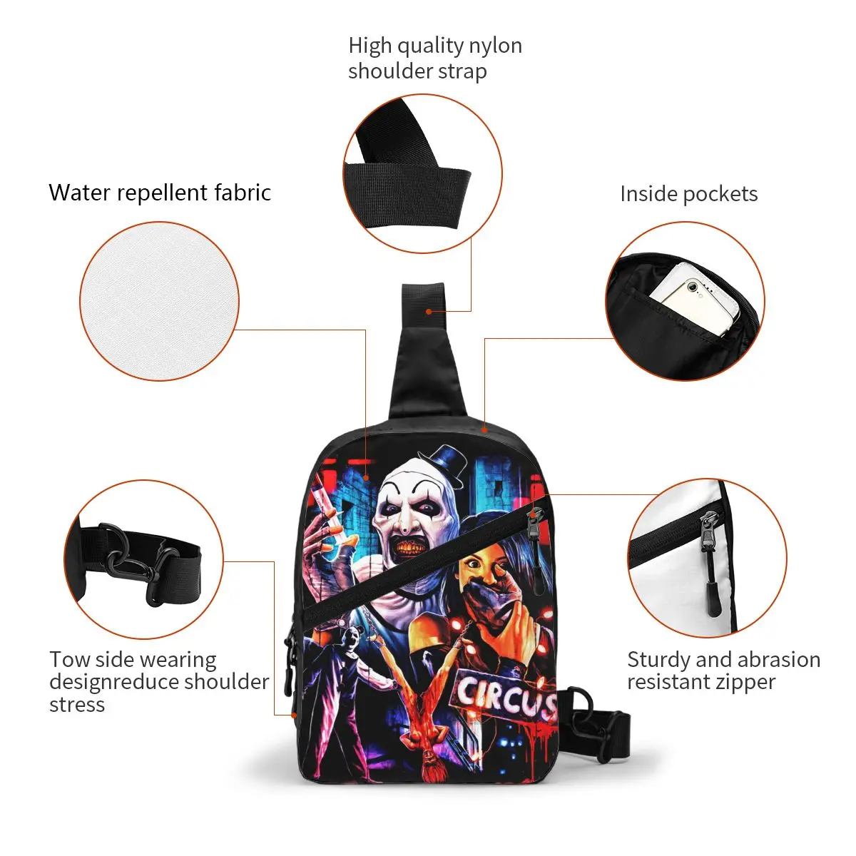 Halloween Clown Horror Movie Terrifier Sling Chest Bag Custom Shoulder Crossbody Backpack for Men Traveling Daypack