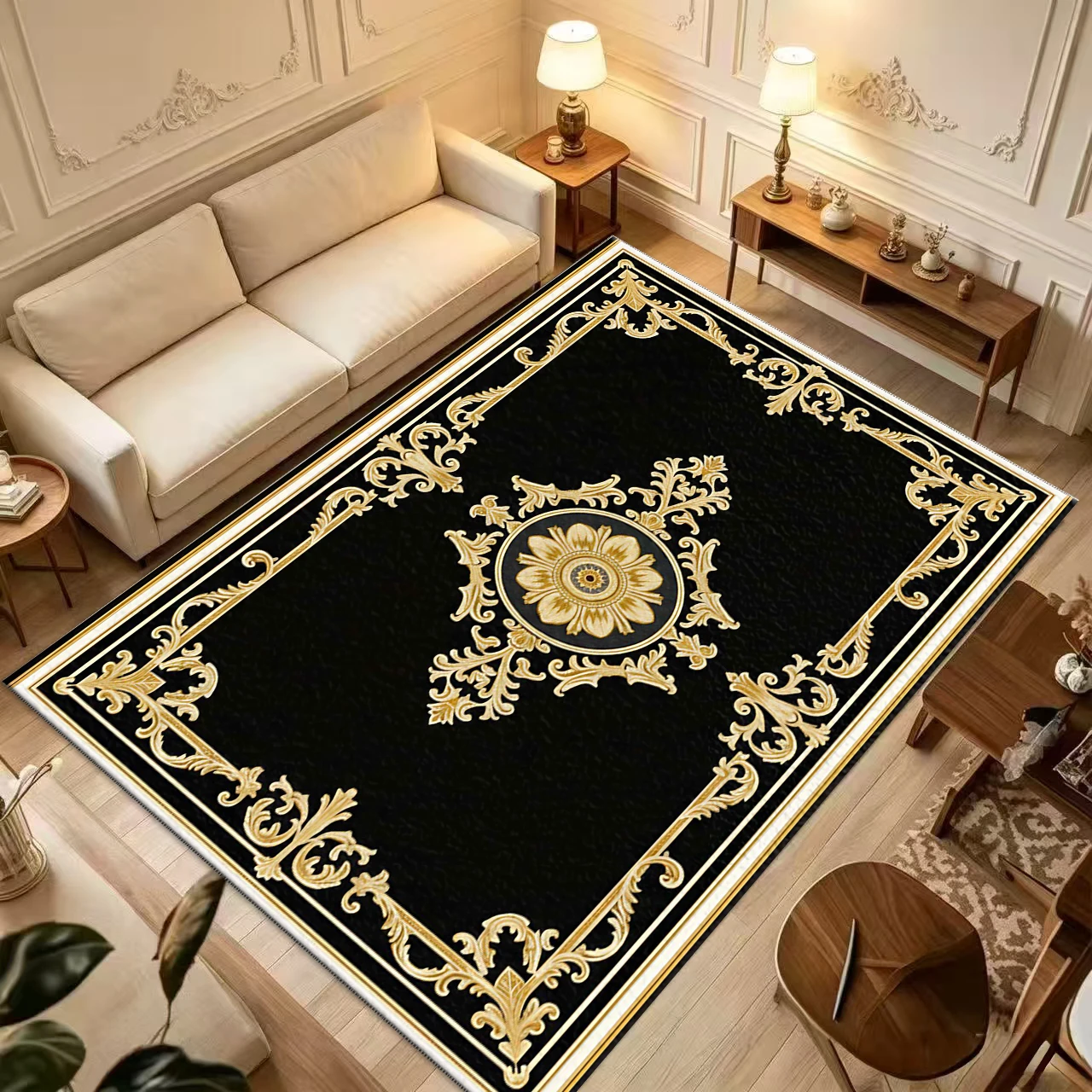 Black Gold European Baroque Square Area Rug Non-Slip Ornate Vintage Floor Carpet for Living Room Hall Home Decor