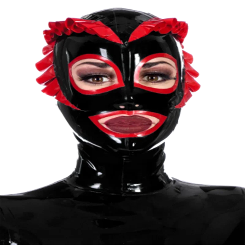 

Latex Hood Rubber Mask With Red Wig For Girls Women Fetish Customized XS-XXL