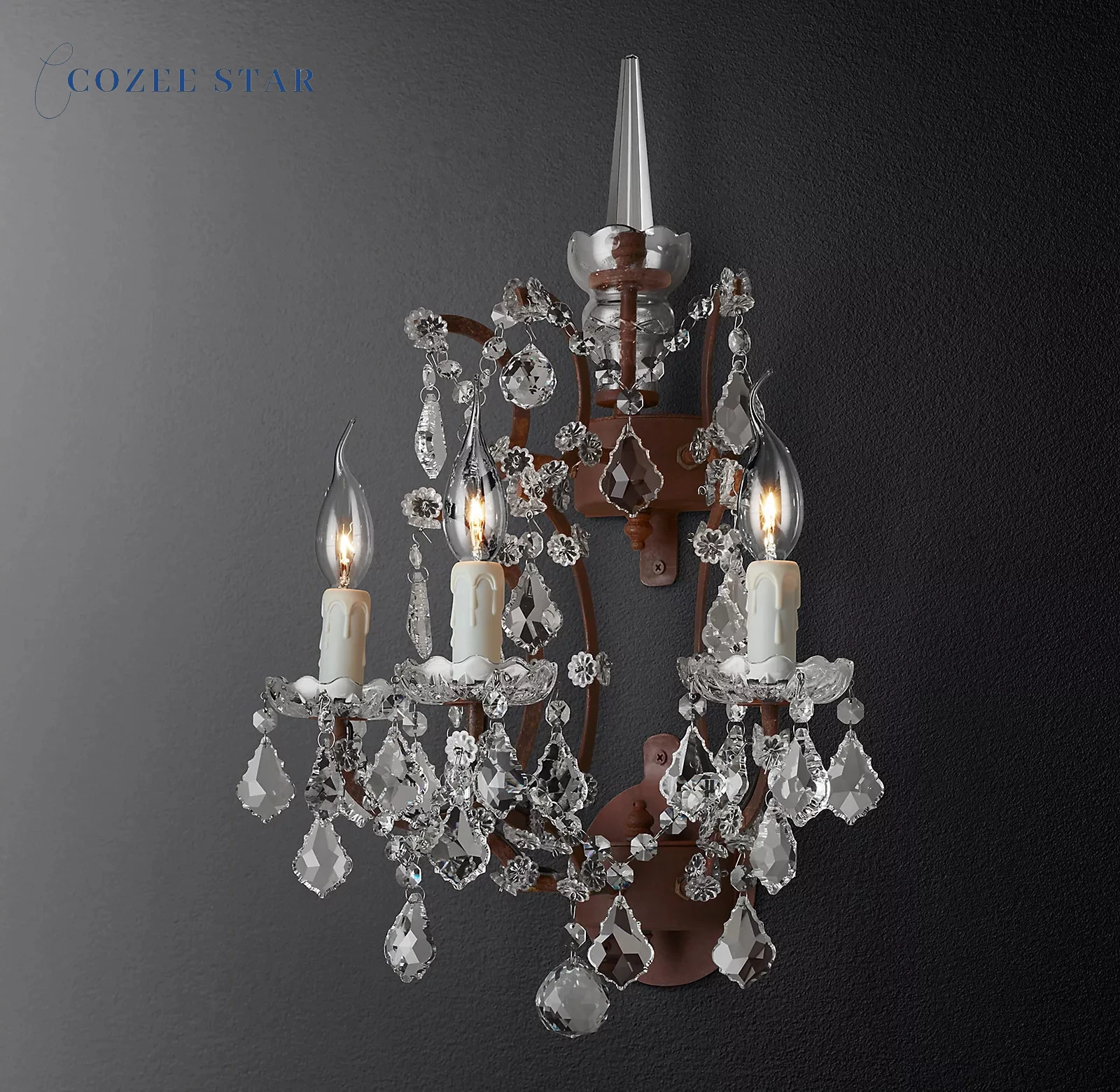 

Rustic LED Wall Lamps Lustre Chandelier Wall Lighting Fixture 19th C. Rococo Iron & Crystal Candle Wall Sconces Lamp