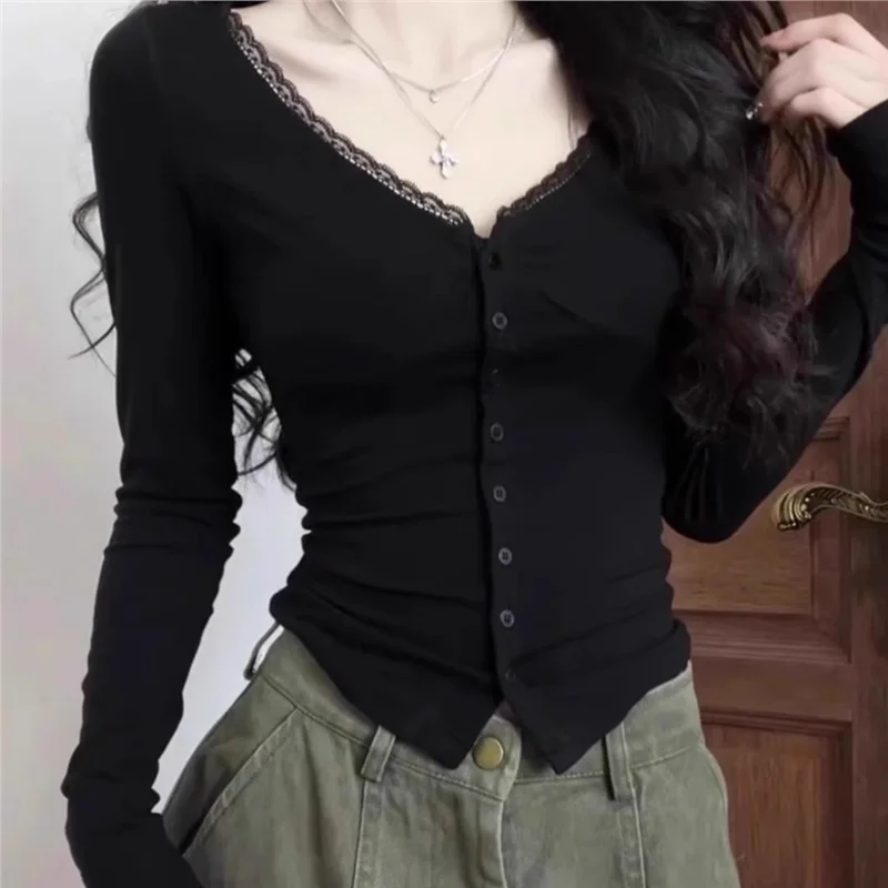 

American Sle Long Sve T-irt Women's V-ne Lace Trim Design Slimming Versatile Top Cleanfit Sle Winter Collection