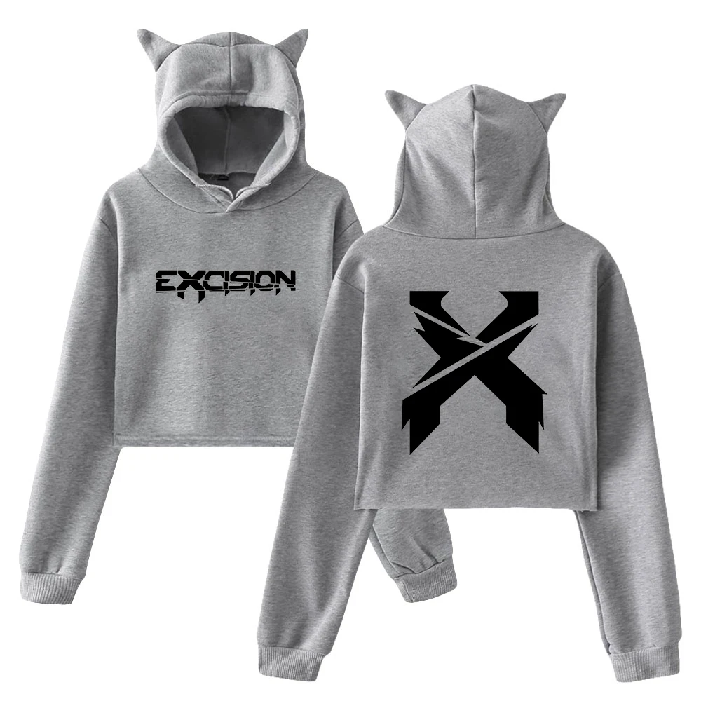 Excision Merch Cover Pullover 2024 Nexus Tour Female Cat Ears Hoodie Long Sleeve Streetwear Crop Top Women's Clothes