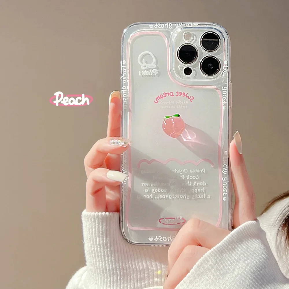 Kawaii crystal peach sweet girls transparent Phone Case For iPhone 16 15 14 13 11 12 Pro Max XR 14 15 16 Plus case Cute Cover