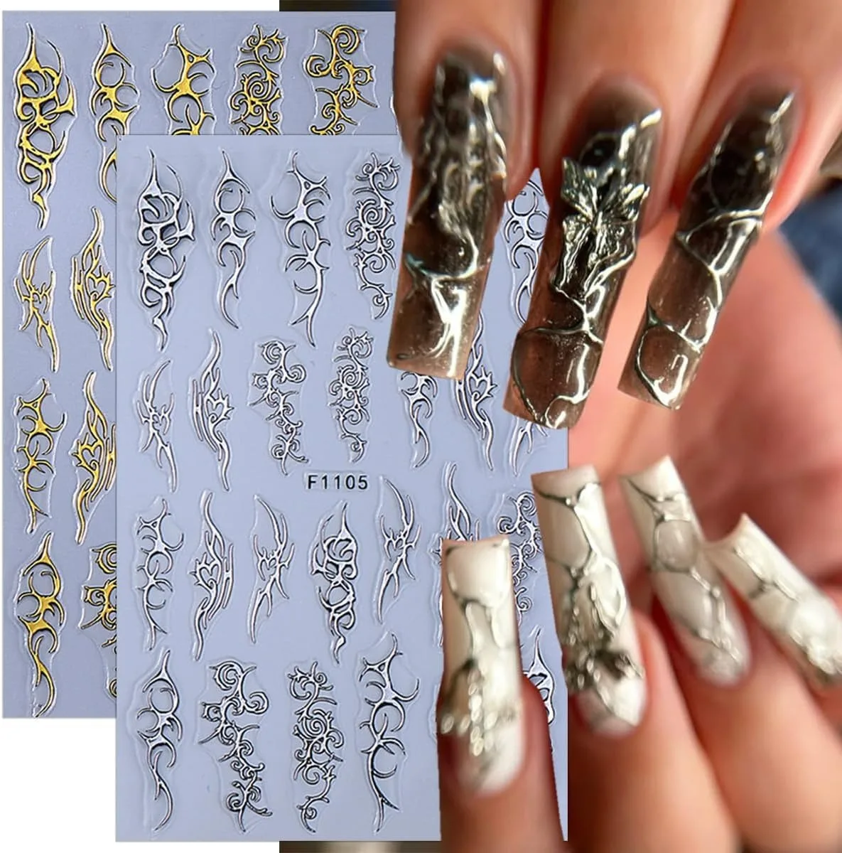 Gothic Nail Art Punk Belt Nail Decals 3D Self-Adhesive Gold Silver Line Nail Art Stickers Retro Thorns Flame Lines Nail Design