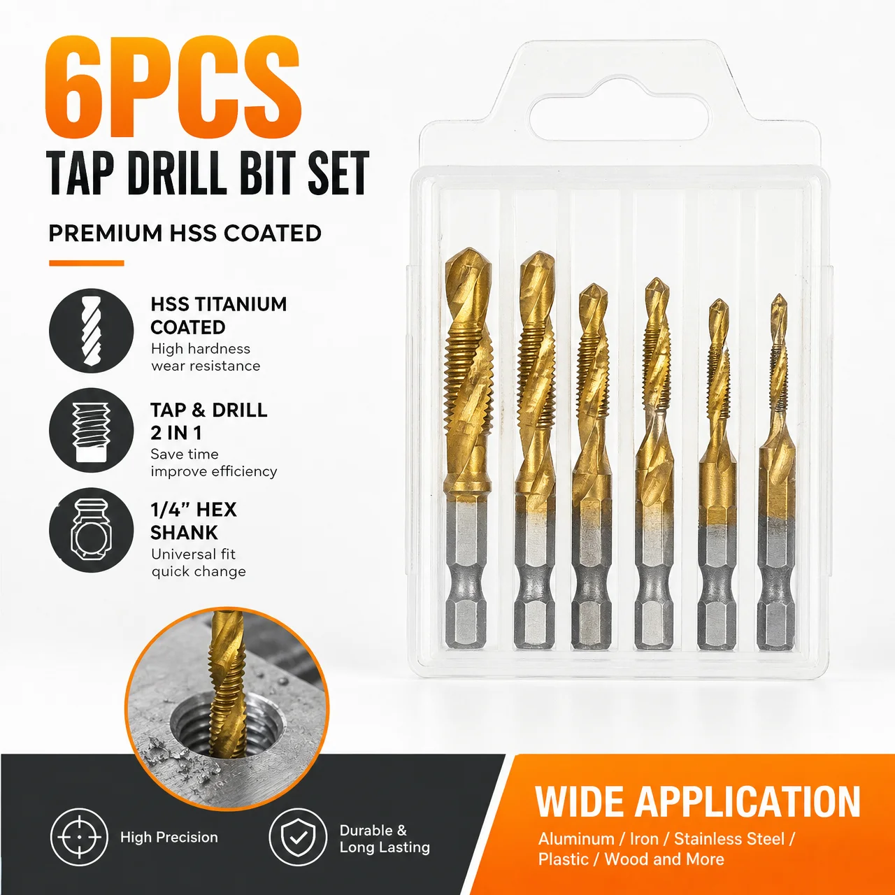 Metric Drill Tap Set, 6-Piece Titanium HSS Hex Shank Bits | M3-M10 Combination Cutters Perform Threading, Deburring and Counters