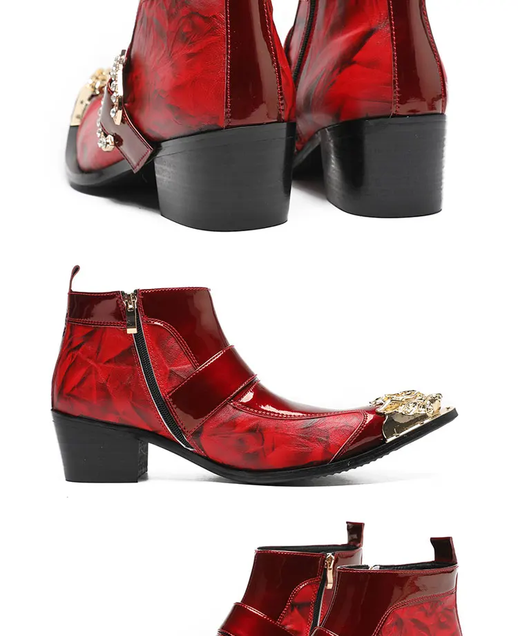 Frühlings-Herrenstiefel, rote Lederstiefel mit Nietenspitze, Modell, sozialer Kontakt, Erhöhung der Show, hochhackige Herrenstiefel aus Lackleder – Detail 10