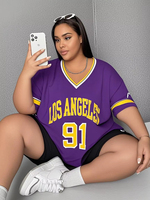 Plus Size Popular Trend Women V-neck Letter Stripe Pattern Outdoor Loose Comfortable Casual Versatile Short Sleeve T-shirt