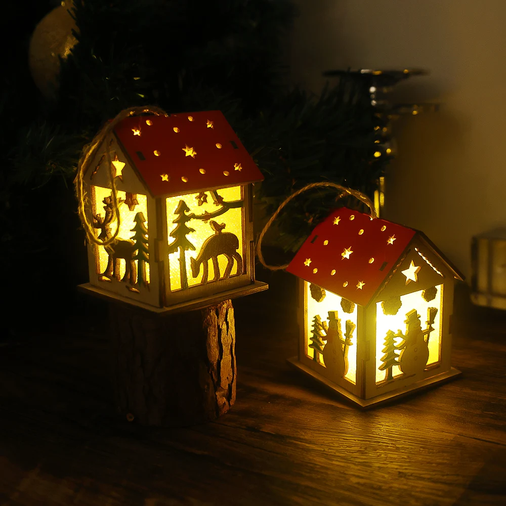 Christmas Night Light Wooden Luminou Chalet Ornaments Xmas Tree Hanging Pendant Bedroom Table Lamp Christmas Home Decor Light