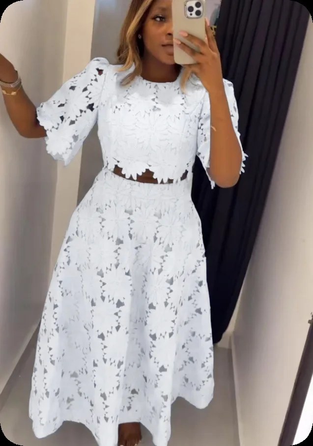 

Skirt and Top Two Piece Set Women Sweet Style Appliques Hollow Out Ladies A Line Summer Dress Set Two Piece Sets Womens Outifits