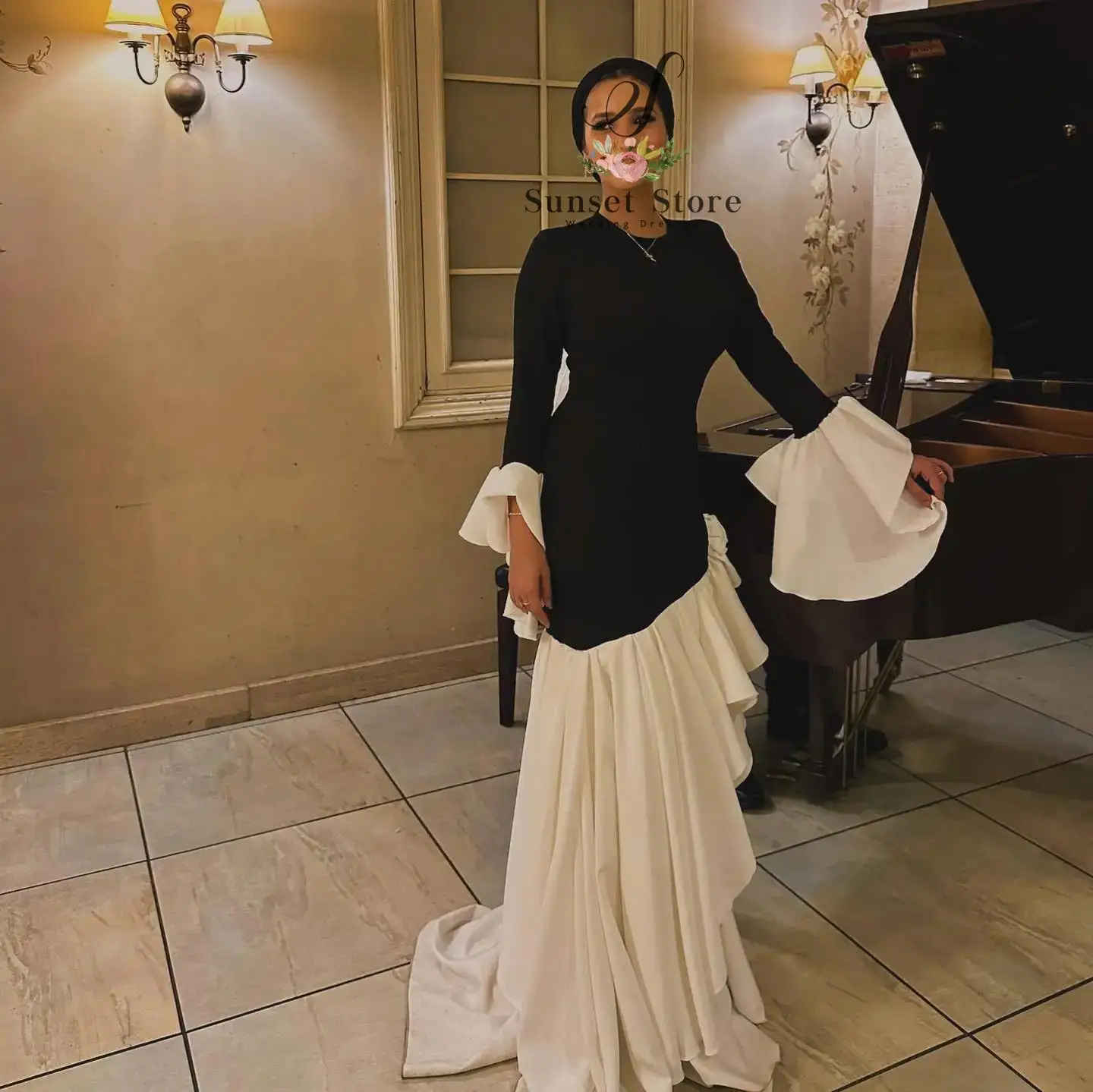 

Customized Elegant Black O-neck Prom Gown Women's White customized Long Sleeve Party Evening Dress Floor Length Formal Occasion