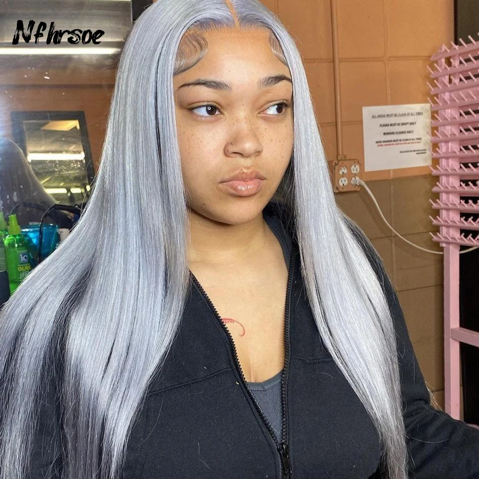 

Transparent Lace Frontal Wigs Cosplay Grey Long Straight Brazilian Colored Human Hair Wig For Women Wear And Go Pre Plucked