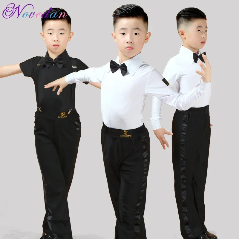 Traje latino para niños y adultos, camisa, pantalones, corbata, trajes de baile latino blancos para niños, traje de 3 piezas, salón de baile moderno, Tango, Rumba