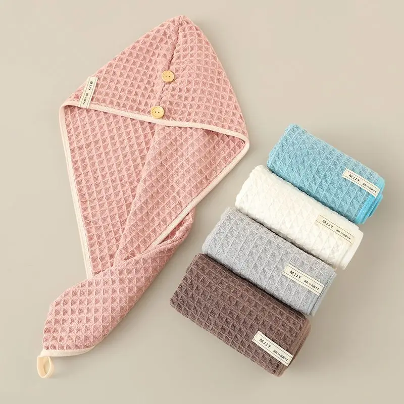 Waffle Weave Hair Drying Towel Wrap, Ultra Absorbent Fast Dry Microfiber Turban With Button, Soft Breathable Head For Women