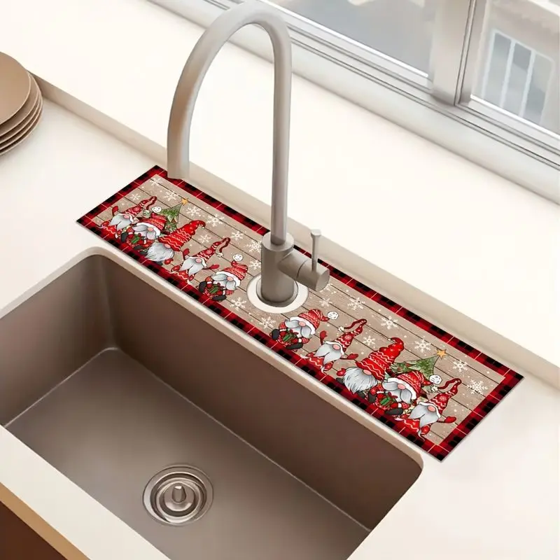 VIKAMA Buffalo Plaid Gnome Faucet Mat Christmas Non Slip Absorbent Kitchen Sink Draining Pad For Countertop Basin Decor