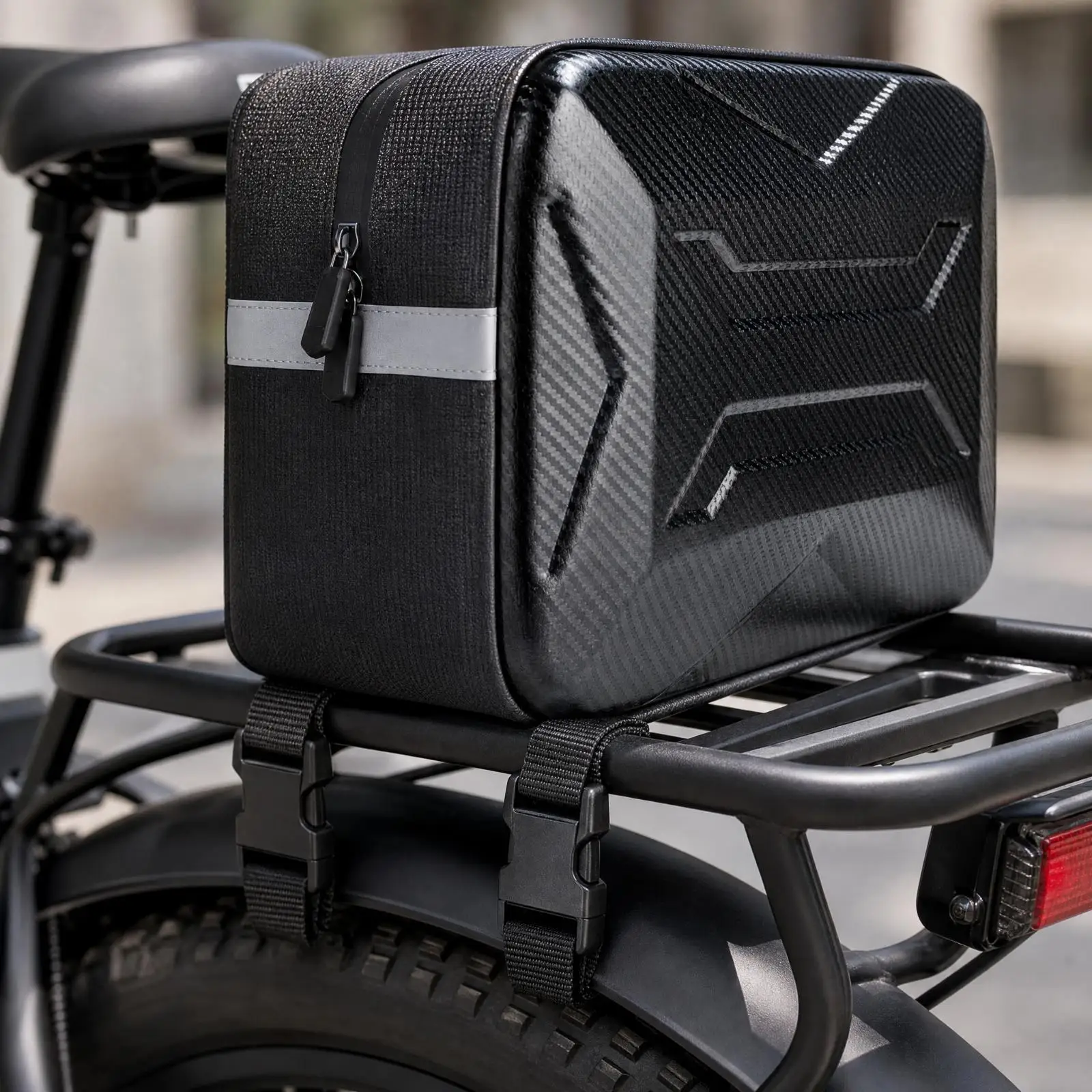 Rigid Body Motorcycle Tail Bag with Water Resistant Zippers and Reflective Strip for Low Light Visibility
