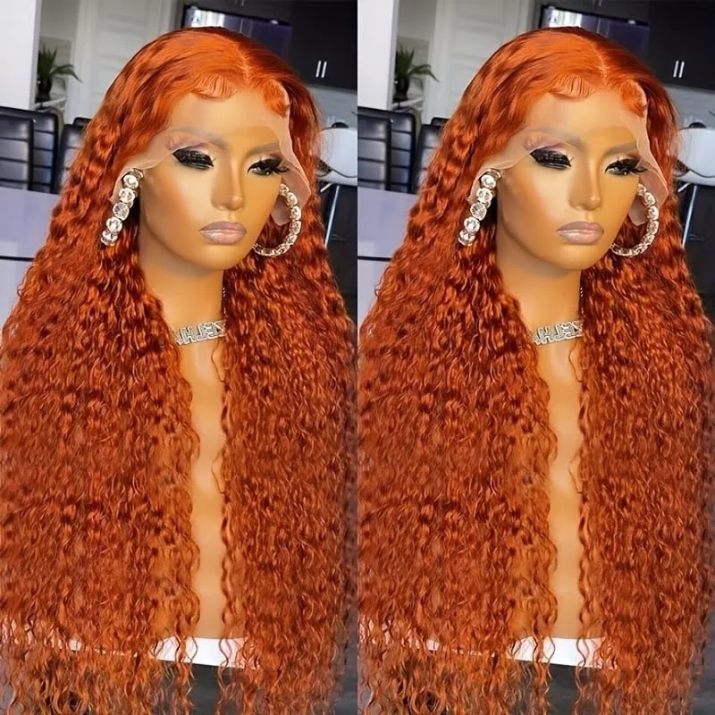 13x6 Orange Ginger Deep Wave HD Transparent Lace Front Wigs Curly Human Hair for Women 200% Density 350# Water Wave Colored Wig