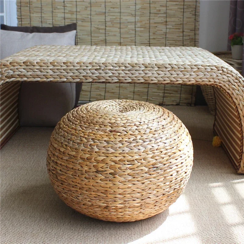 Japanese Style Natural Straw Rattan Stool, Living Room Spherical Round Stool, Foot Cushion, Hand Woven, Seat
