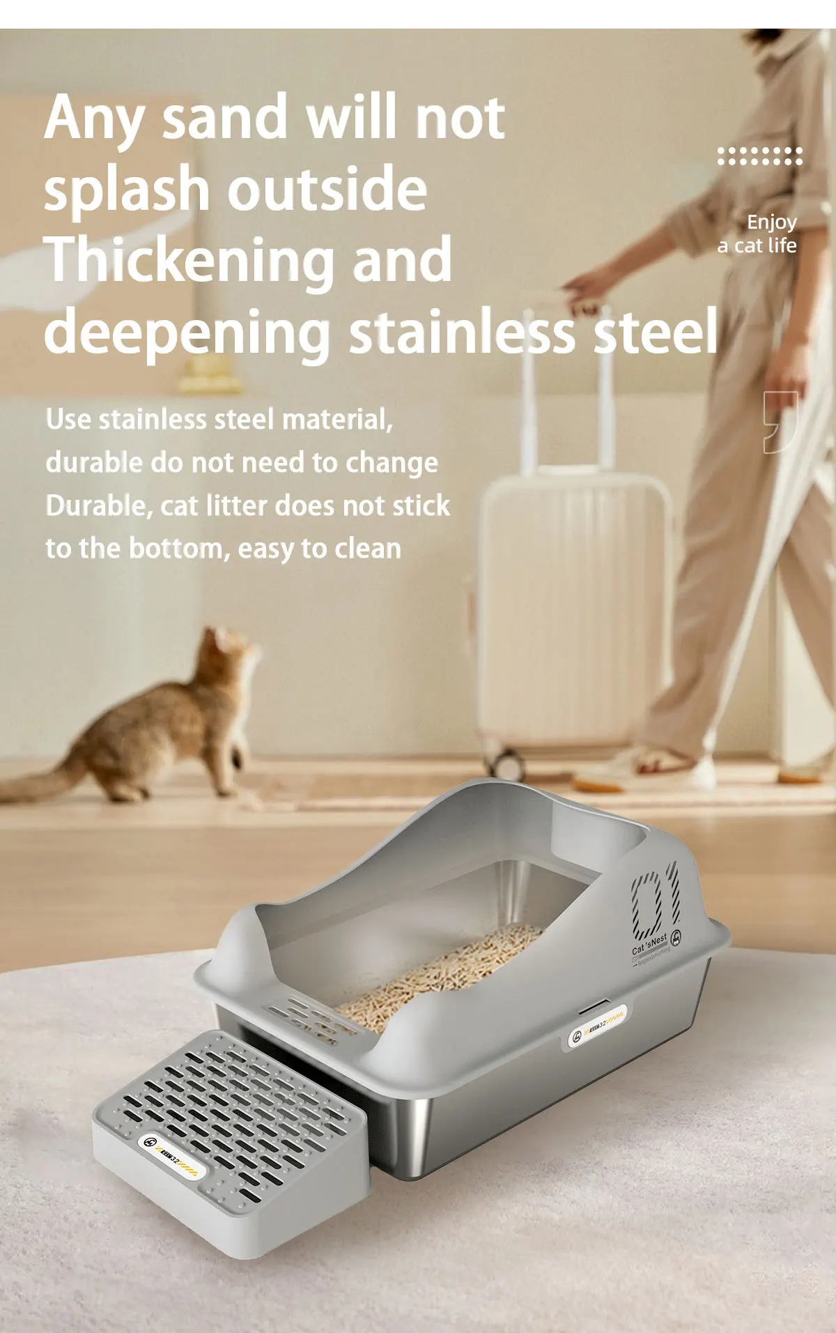 

-Large Stainless Steel Cat Litter Box Enclosed Easy Cleaning High Sided Metal Litter Box With Scoop Footboard Anti-Leakage Stick