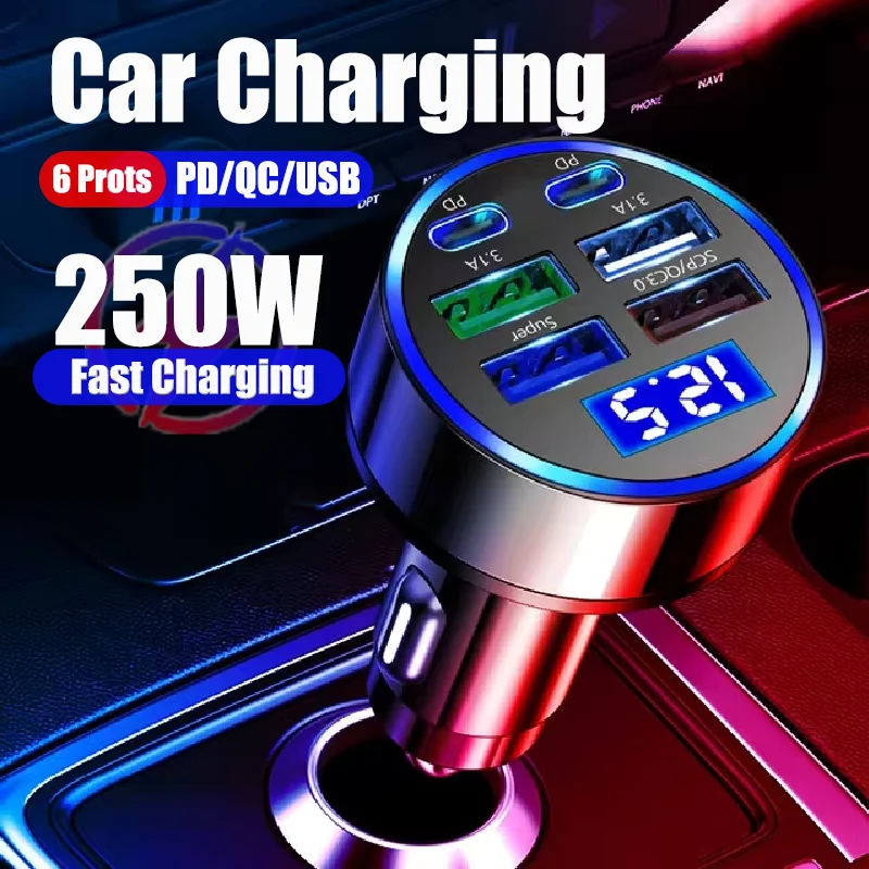 

Car Phone Charger with QC3.0 Fast Charging 6 Ports with LED Voltage Monitor,Multi-USB Automotive Adapter, Dual PD Car Charger